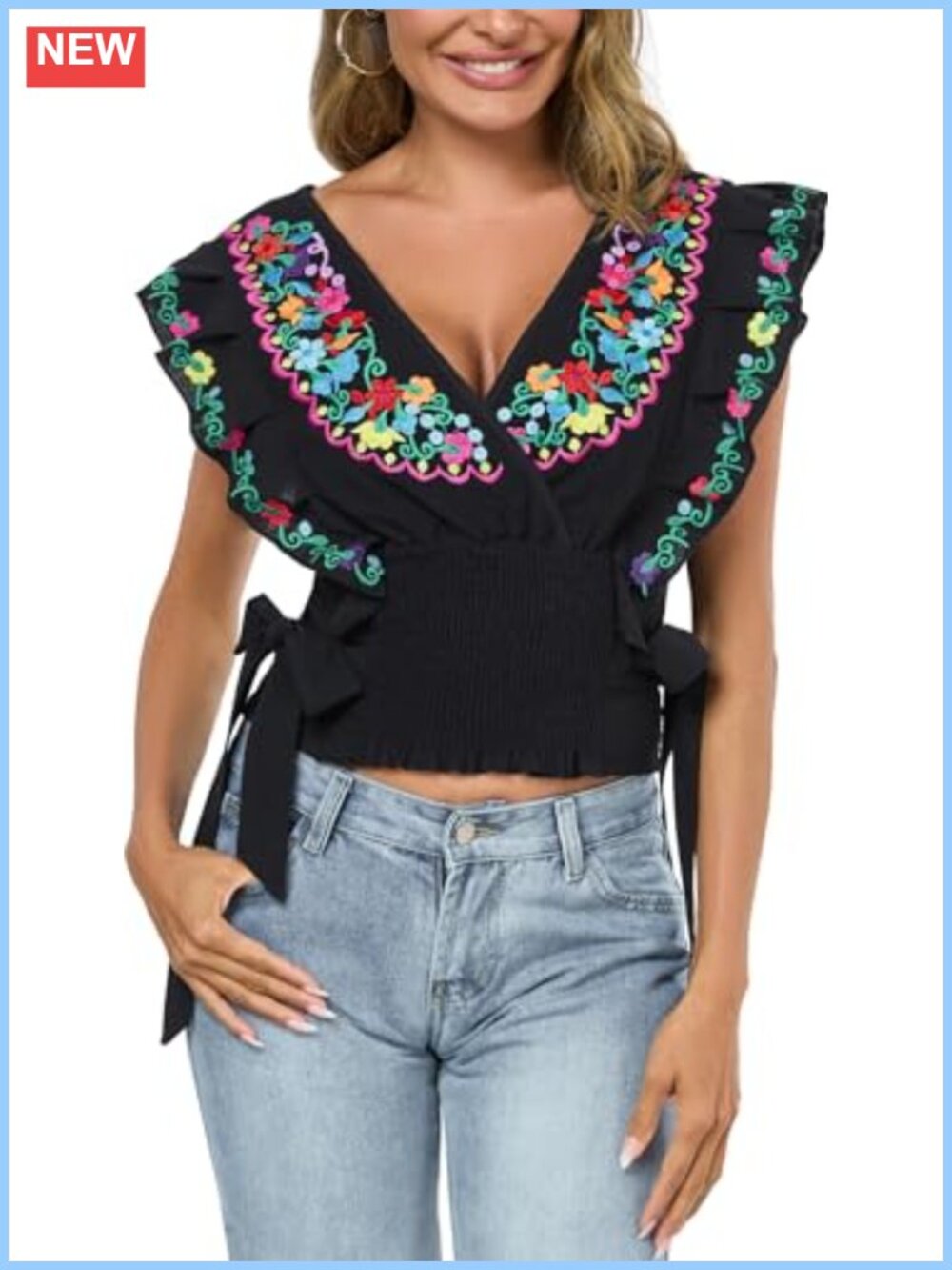 Women Mexican Embroidered Off-Shoulder Top Lace Falbala Sleeveless Tank